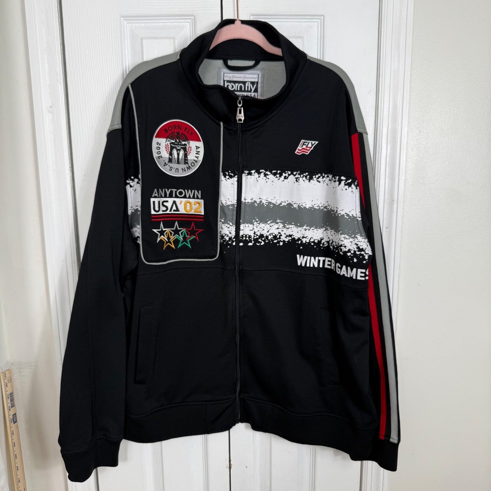 Born Fly Track Jacket 3XL Y2K Streetwear Embroidered Full Zip Black Racing 2000s